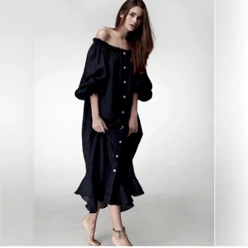 Sleeper Navy Silk Ruffled Off-Shoulder Maxi Dress